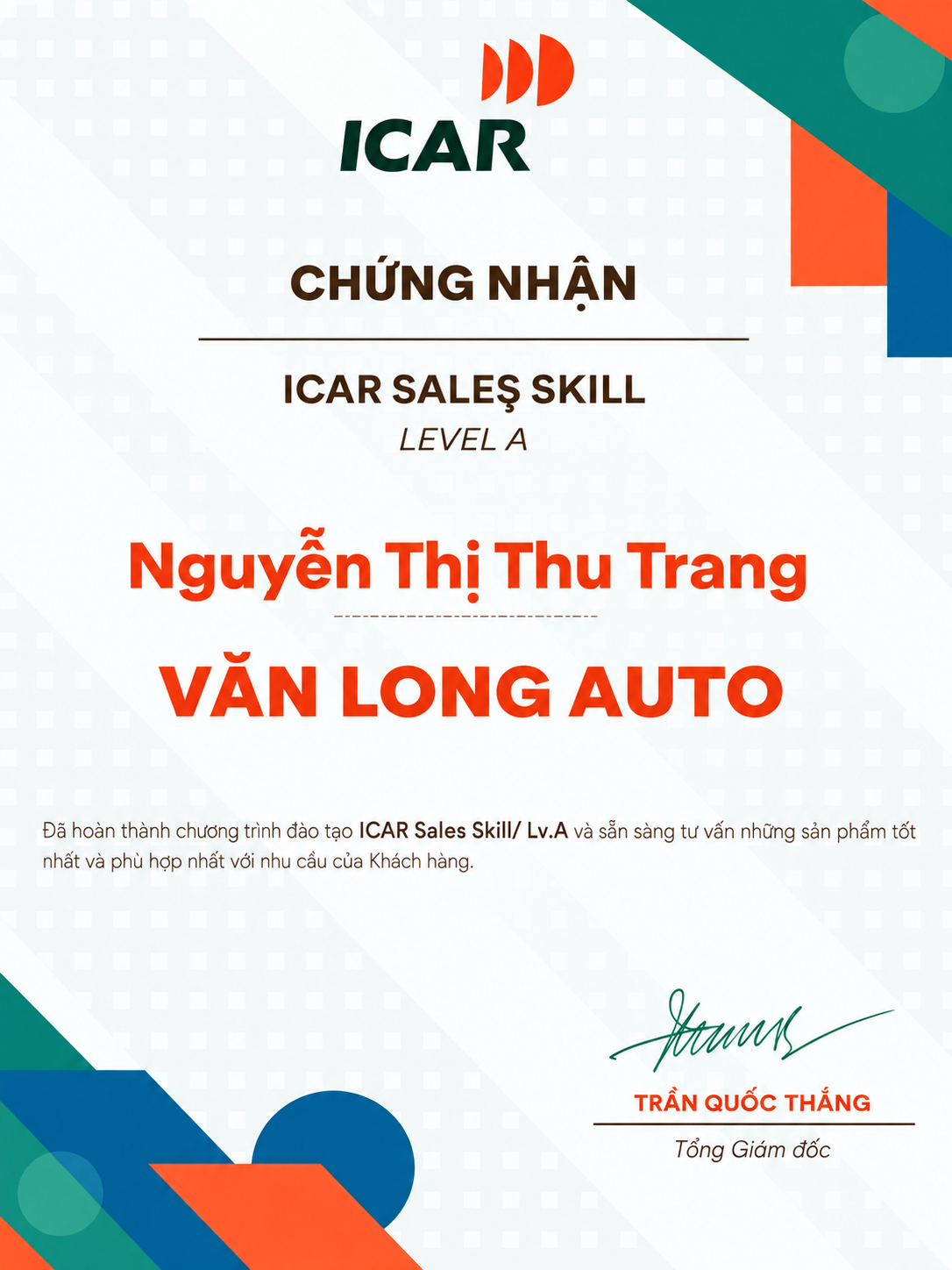 Chứng chỉ ICAR Sales Skill Level A